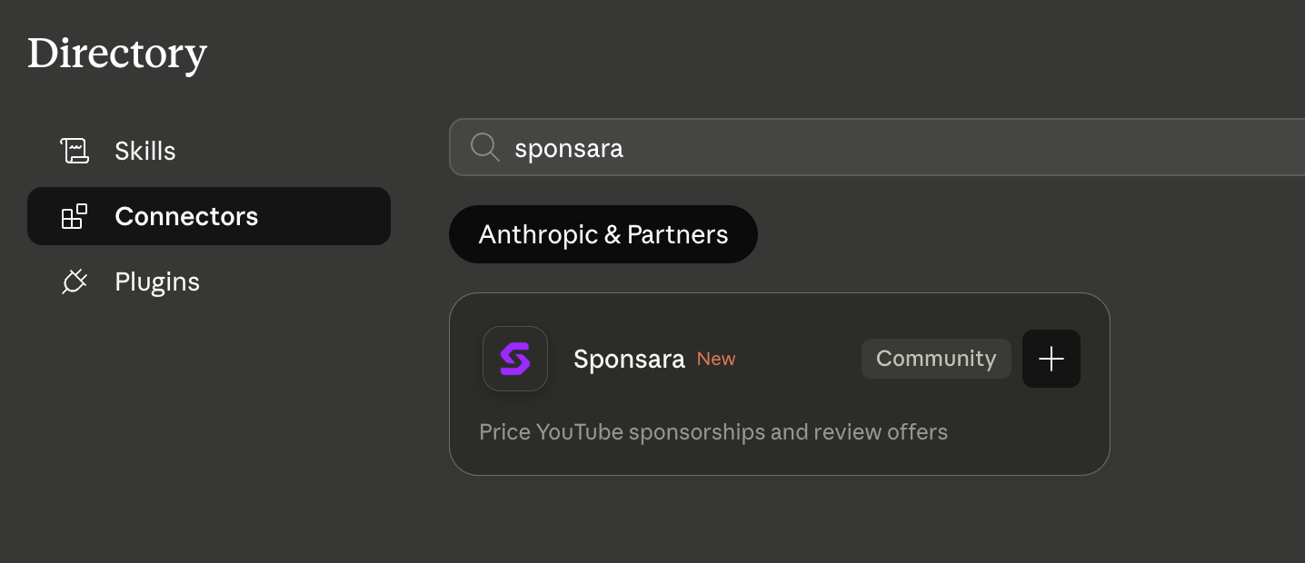 Sponsara shown in Claude Connector Directory search results