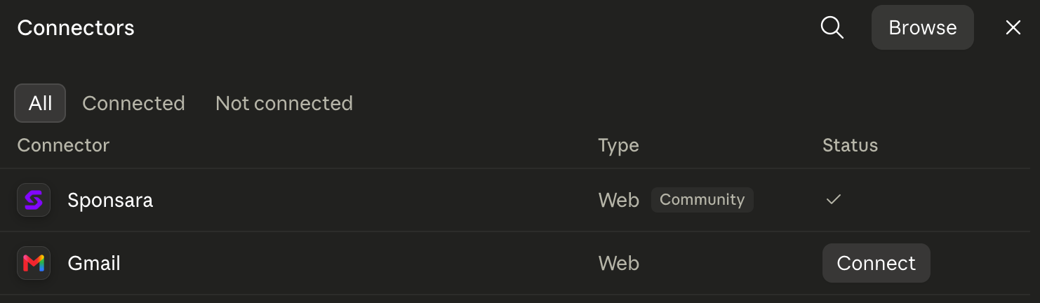 Claude Connectors list showing Sponsara and Gmail