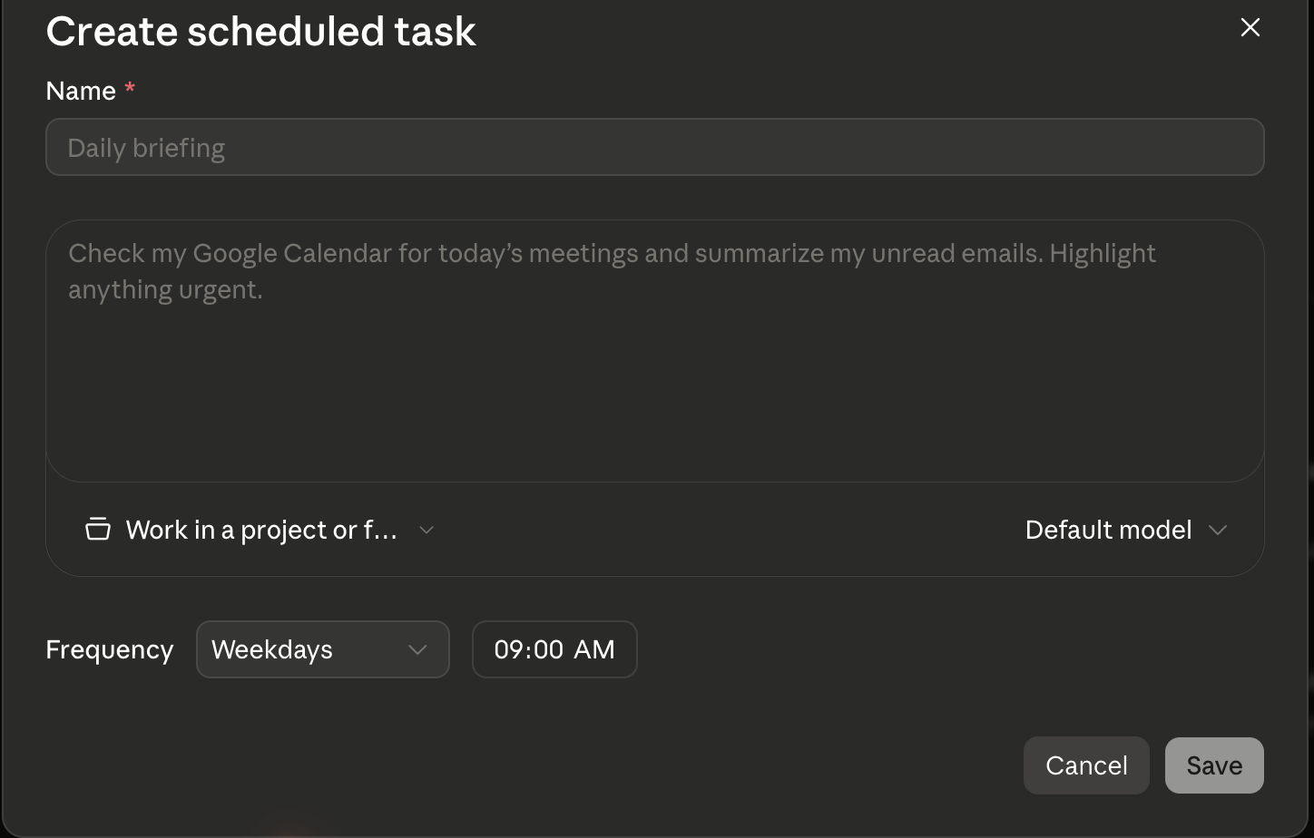 Claude Create scheduled task dialog set to run on weekdays